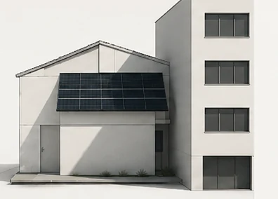 Diagrama do imóvel B: mesma casa com um prédio de quatro andares colado ao lado, projetando sombra sobre o telhado.
