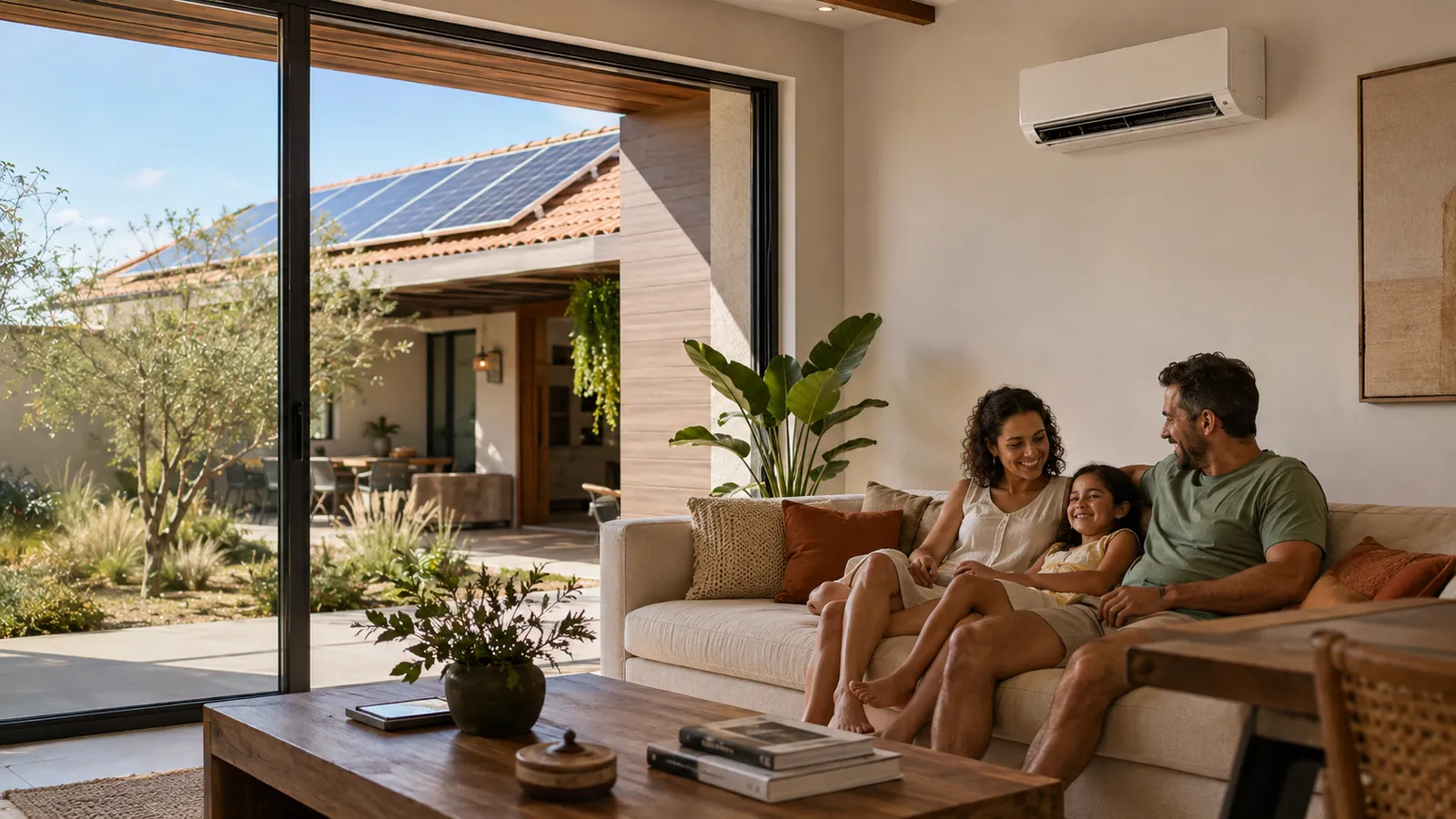 Família sentada no sofá da sala com o ar-condicionado ligado, porta de vidro aberta para o quintal ensolarado e painéis solares no telhado ao fundo.