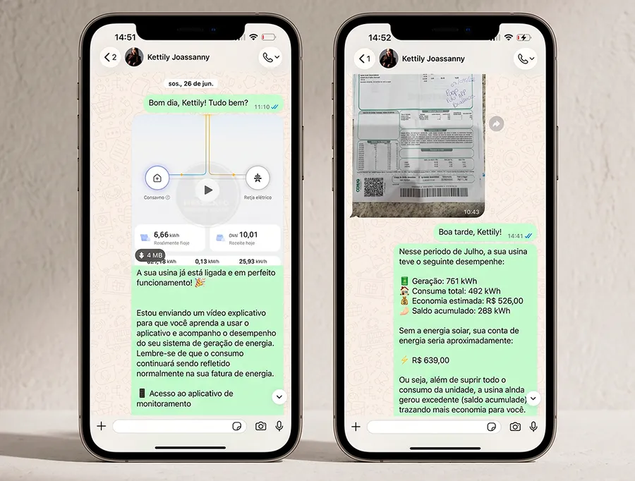 Conversa de WhatsApp da HASE com a cliente: a foto da conta de energia e o relatório do mês com geração, consumo, economia e saldo acumulado.